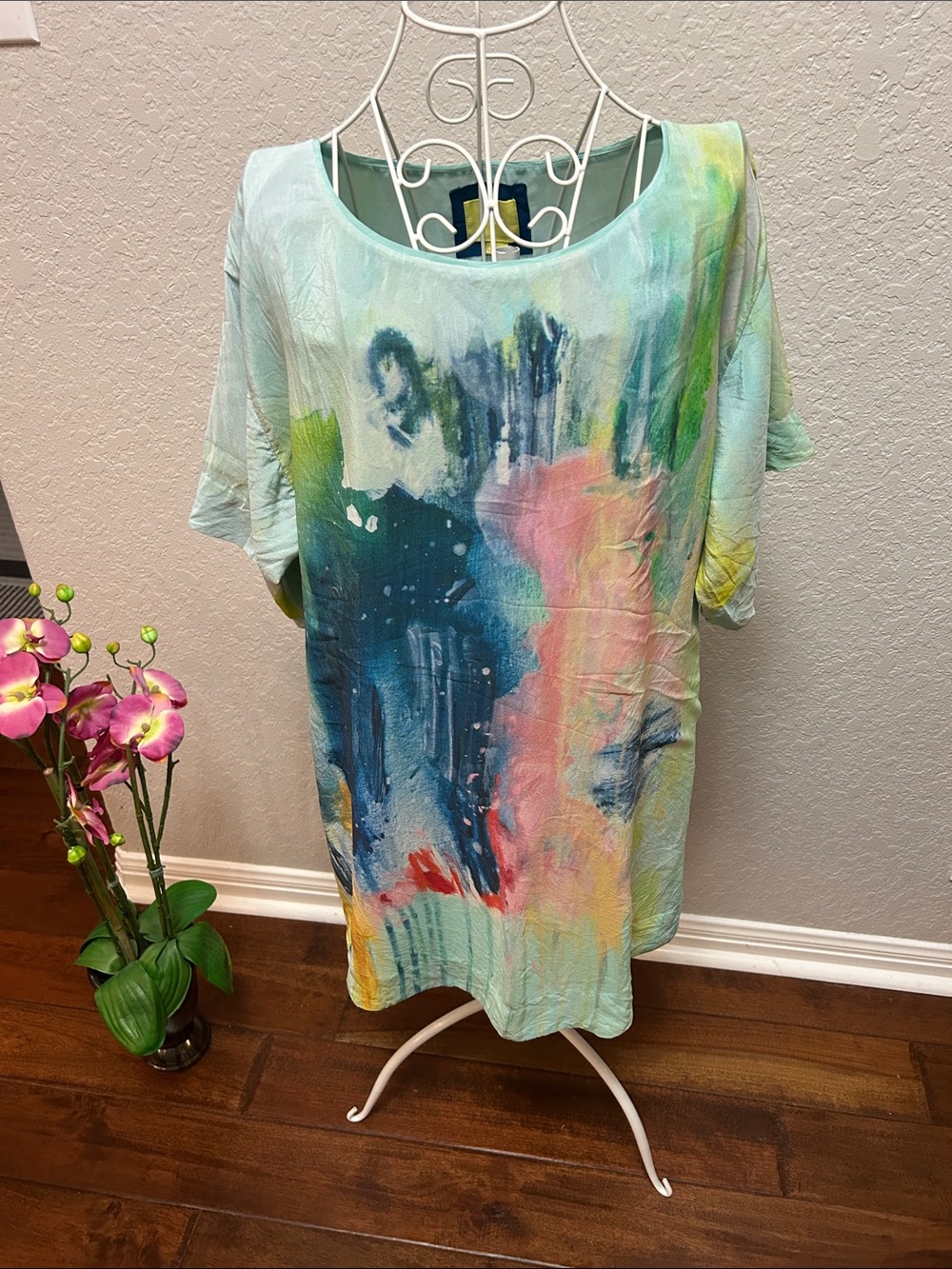 Colorful Abstract Print Tunic Top - Mint, Navy, Pink